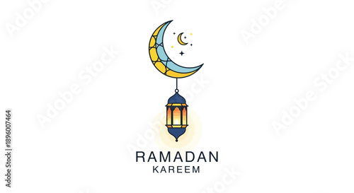 Ramadan Kareem greeting with crescent moon and traditional lantern.