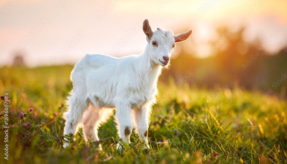 Fototapeta premium Cute White Goat in Meadow at Sunset Grazing in Golden Hour Light Farm Animal Photography.