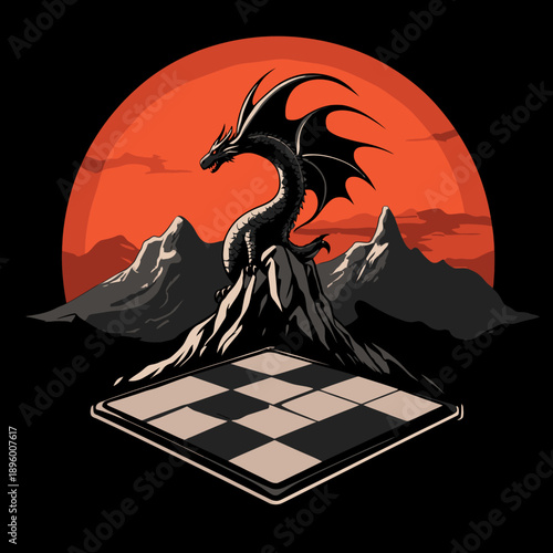 Majestic dragon overlooking chessboard at sunset