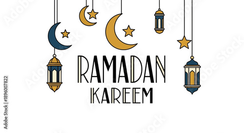 Ramadan Kareem greeting with hanging lanterns crescent moons and stars.