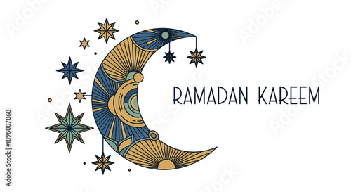 Ornate crescent moon and stars with Ramadan Kareem text.