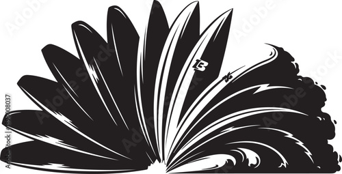 Surfing wave with surfboard in black and white illustration