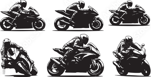 Motorcycle Riders in Various Poses Silhouette Illustrations Set