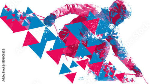 Stylized action illustration of a skier carving down a slope, composed of colorful geometric shapes
