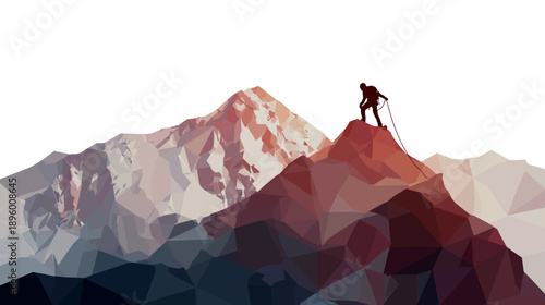 A geometric illustration of a climber reaching a summit, mountains in the background, clean background