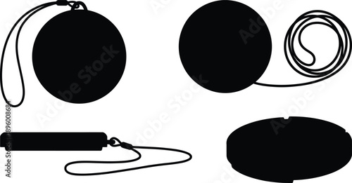 Black silhouette set of camera lens cap protective cover with keeper leash string holder cord for photography equipment security and loss prevention accessory gear.