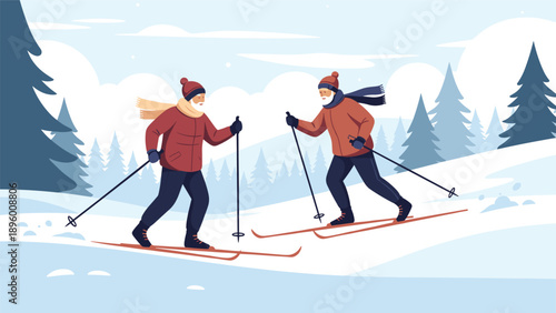 Two senior men enjoy an active winter lifestyle by cross country skiing together through a beautiful snowy forest.