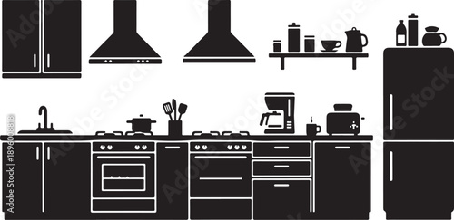 Modern kitchen interior with black and white appliances illustration