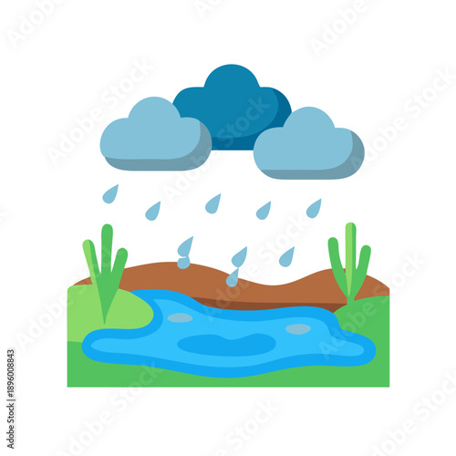 Rainy day landscape with puddle in flat graphic style