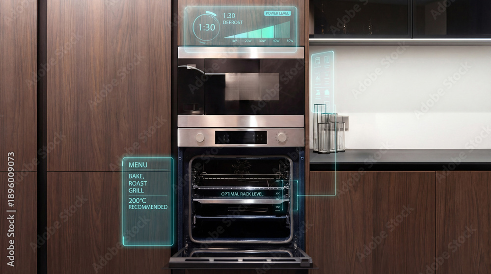 Fototapeta premium Open stainless steel oven and microwave with smart AR HUD