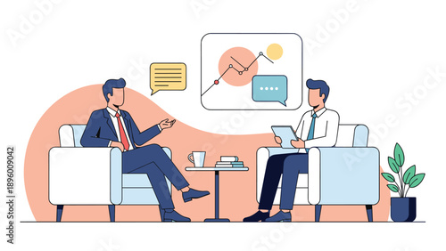 Two business professionals in suits sit in comfortable armchairs while having a productive meeting in a modern office lounge.