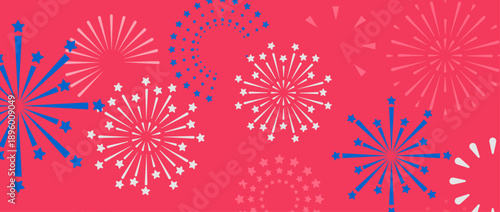 4th of July Fireworks Vector Pattern, USA Independence Day Celebration Background in Red and Blue