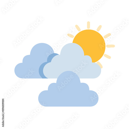 Stylized sun partially obscured by fluffy blue clouds illustration