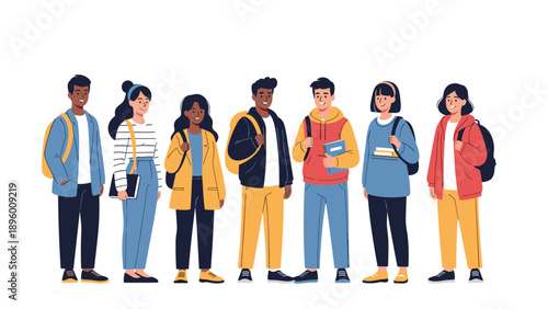 Group of diverse high school or college students stand together with backpacks and books representing education and friendship.