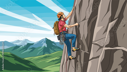Brave mountain climber with safety gear and a helmet scales a steep rocky cliff face against a stunning scenic mountain view.