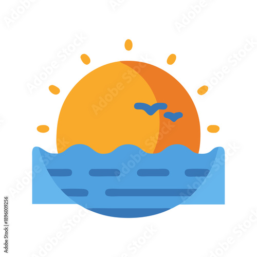 Stylized sunset over ocean waters with flying birds illustration