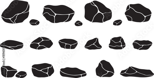 Collection of black rocks and stones in various shapes