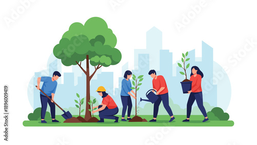 Team of environmentally conscious volunteers works together to plant new trees in an urban park with city buildings in the background.