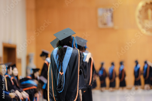 Rear view of university graduates wearing academic gowns and mortarboards standing in line during a commencement ceremony. The image represents higher education achievement, graduation success, academ
