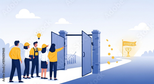 Diverse group of people looking at open gates leading to opportunity and success.