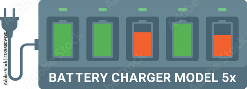 Electric battery charger docking station for rechargeable accumulators with multiple slots showing energy power levels via green and orange led status indicators.