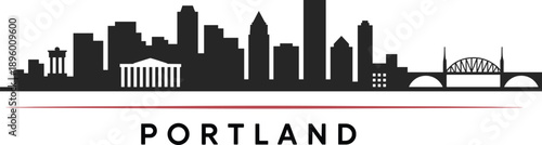 Stylized black silhouette of the Portland skyline featuring iconic buildings and bridges with a subtle red horizontal line underneath