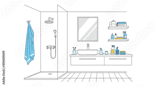 Modern bathroom interior design illustration featuring a glass shower cabin, white vanity sink, and organized storage shelves.