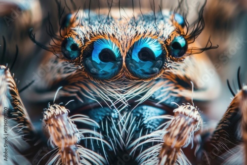 Extreme close up of a jumping spider, highlighting its iridescent blue anterior median eyes and hairy fangs