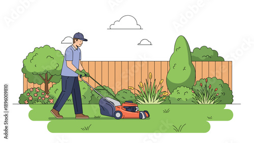 Hardworking man using a lawn mower to trim the green grass in a beautiful residential backyard during a sunny day.