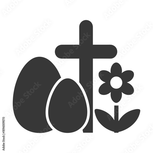 Easter Religious Icon with Cross Eggs and Flower Minimal Black Vector Symbol
