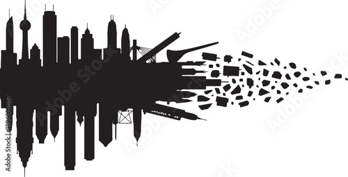City Skyline Silhouette Disintegrating into Pieces Graphic Design