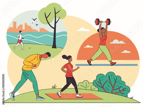 People exercising in a park isolated on transparent background, isolated on white background, Vector