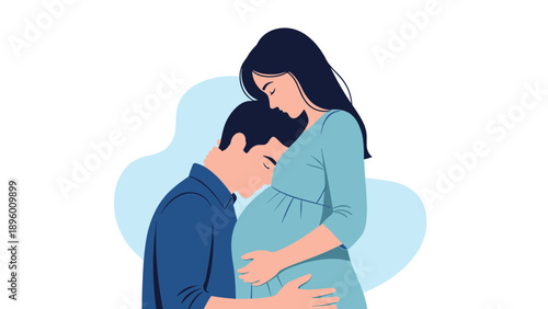 Loving couple sharing a special moment as the father leans against the pregnant mother's belly in a tender embrace.
