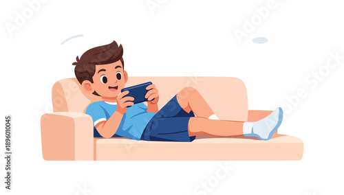 Boy playing mobile game on couch, flat vector illustration