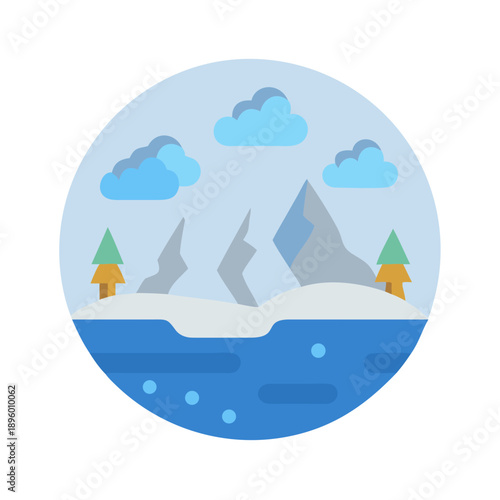 Mountain landscape with water and trees in circle format