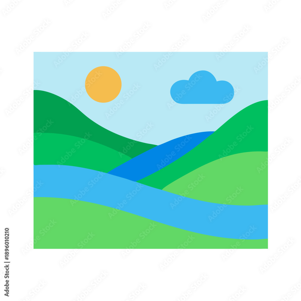 Fototapeta premium Minimalist flat illustration of landscape with river and sun