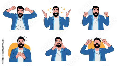Collection of different facial expressions and emotions showing a bearded man in various states of anger, joy, and shock.