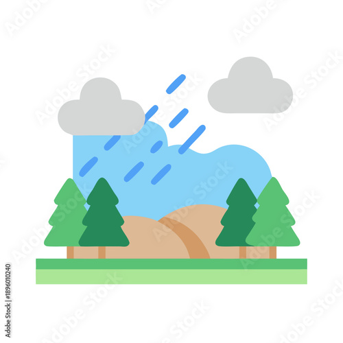 Flat design landscape scene with rain clouds and mountains