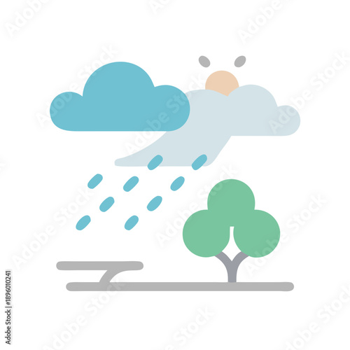 Stylized rain cloudscape with tree on White Background