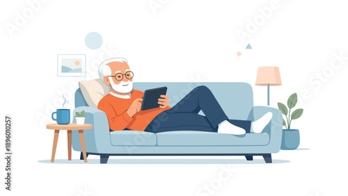 Elderly man relaxing with tablet on sofa, flat vector illustration