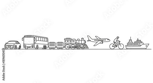 Diverse modes of transportation illustrated in a line drawing style.