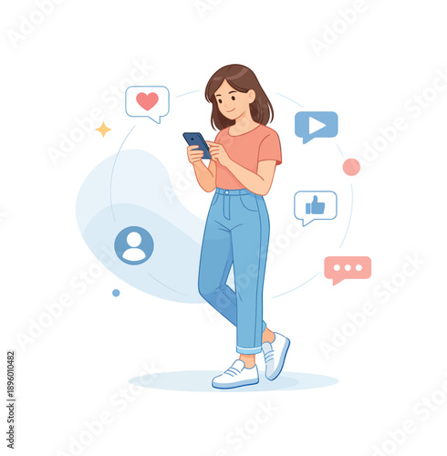 Woman engaging with smartphone and social media icons, flat vector illustration