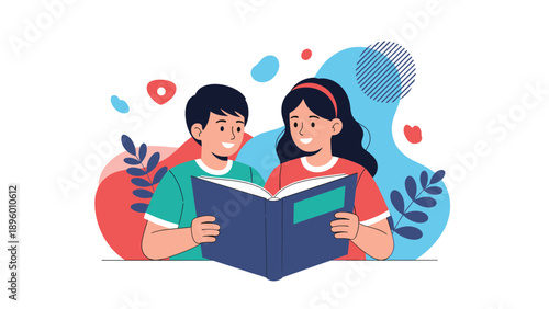 Two cute children, a boy and a girl, sitting together and reading an interesting storybook with abstract backgrounds.