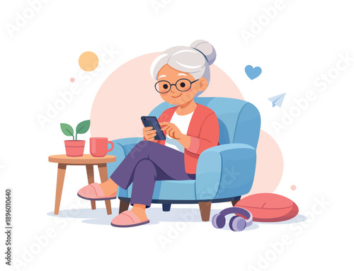 Senior woman using smartphone in cozy chair, flat vector illustration