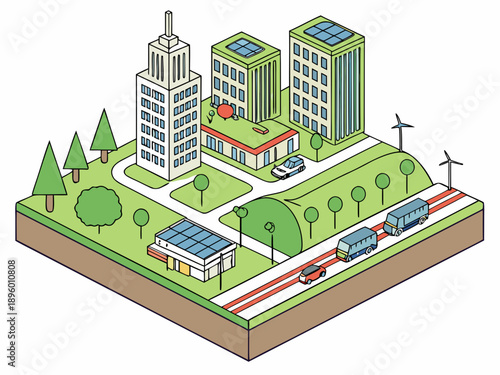 Sustainable cityscape with renewable energy sources isolated on transparent background, isolated on white background, Vector