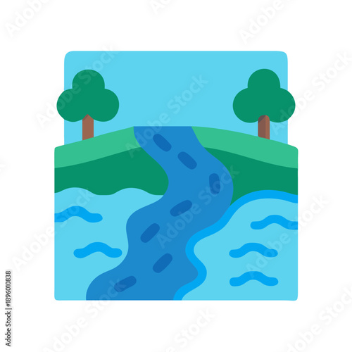 Flat vector illustration of river flowing through green hills