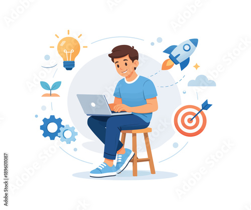 Man with laptop sitting on stool surrounded by icons, flat vector illustration