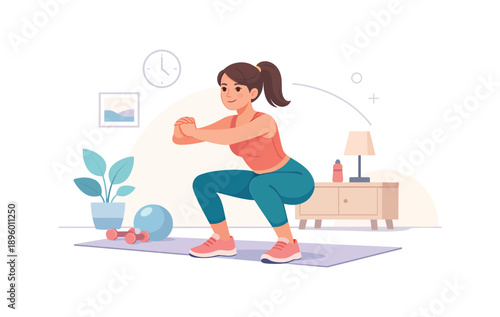 Woman doing squats at home on exercise mat, flat vector illustration