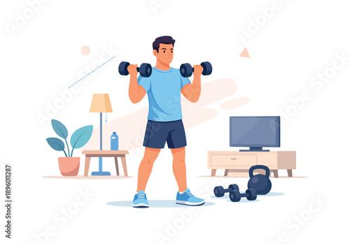 Man exercising at home with dumbbells, flat vector illustration