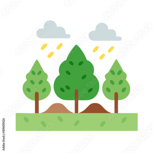 Flat design illustration of a raining forest landscape